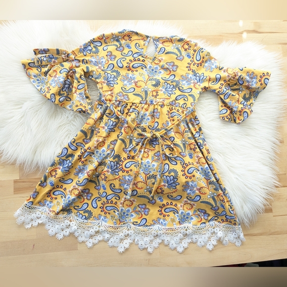 {Rare Editions} Floral And Paisley Print Yellow Kids Dress with Lace Trim - Picture 3 of 4